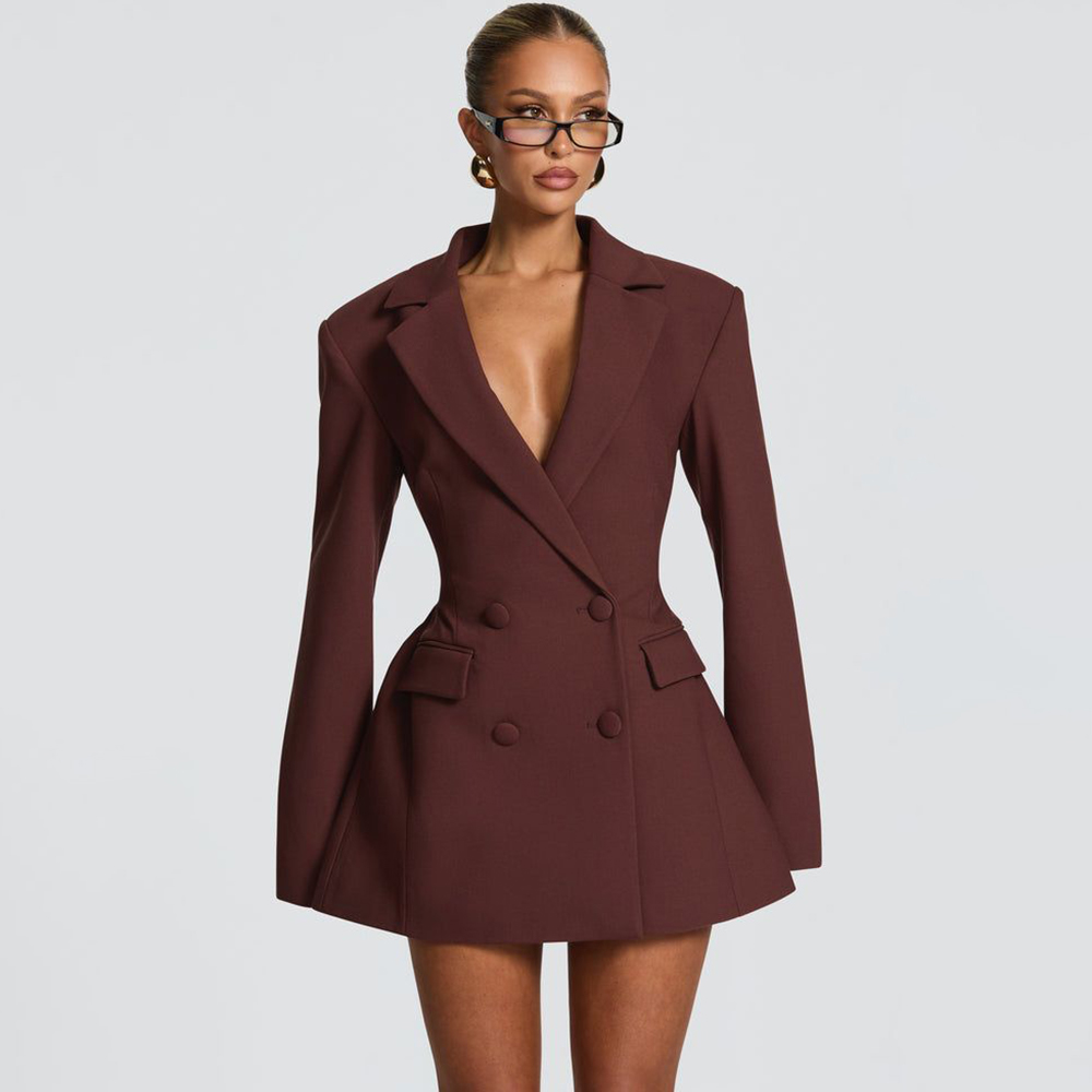 Women'S Formal Jackets To Wear With Dresses - Élégante Robe Blazer Évasée Marron pour