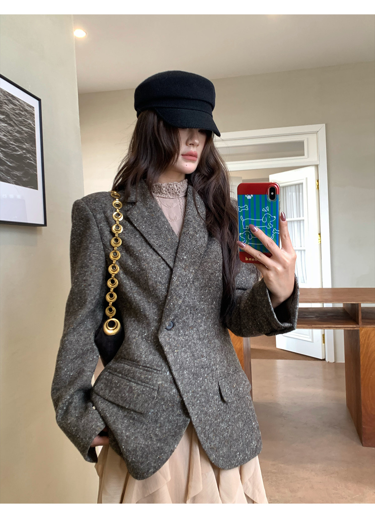 Tailored Coat Wool - 【MAR】Blazer gris vintage pour femme, col