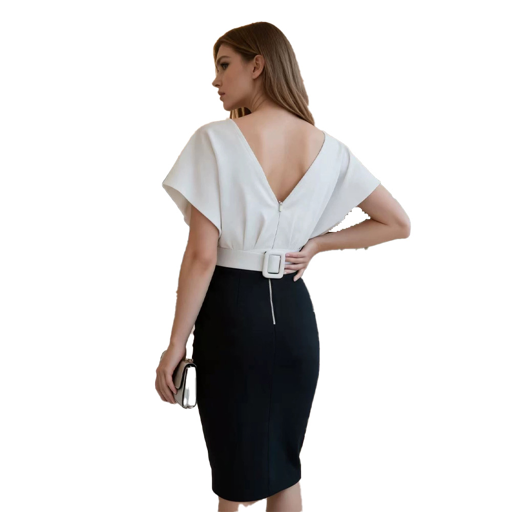 Robe mini moulante contrastant - Women Formal Wear Black And White avis et prix